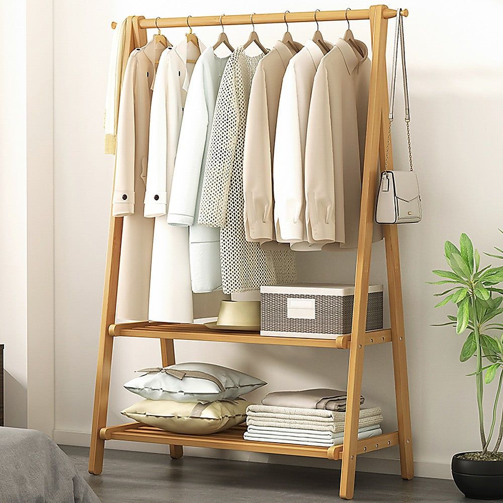 Portable Clothes Rack Coat Garment Stand Bamboo Rail Hanger Airer Closet