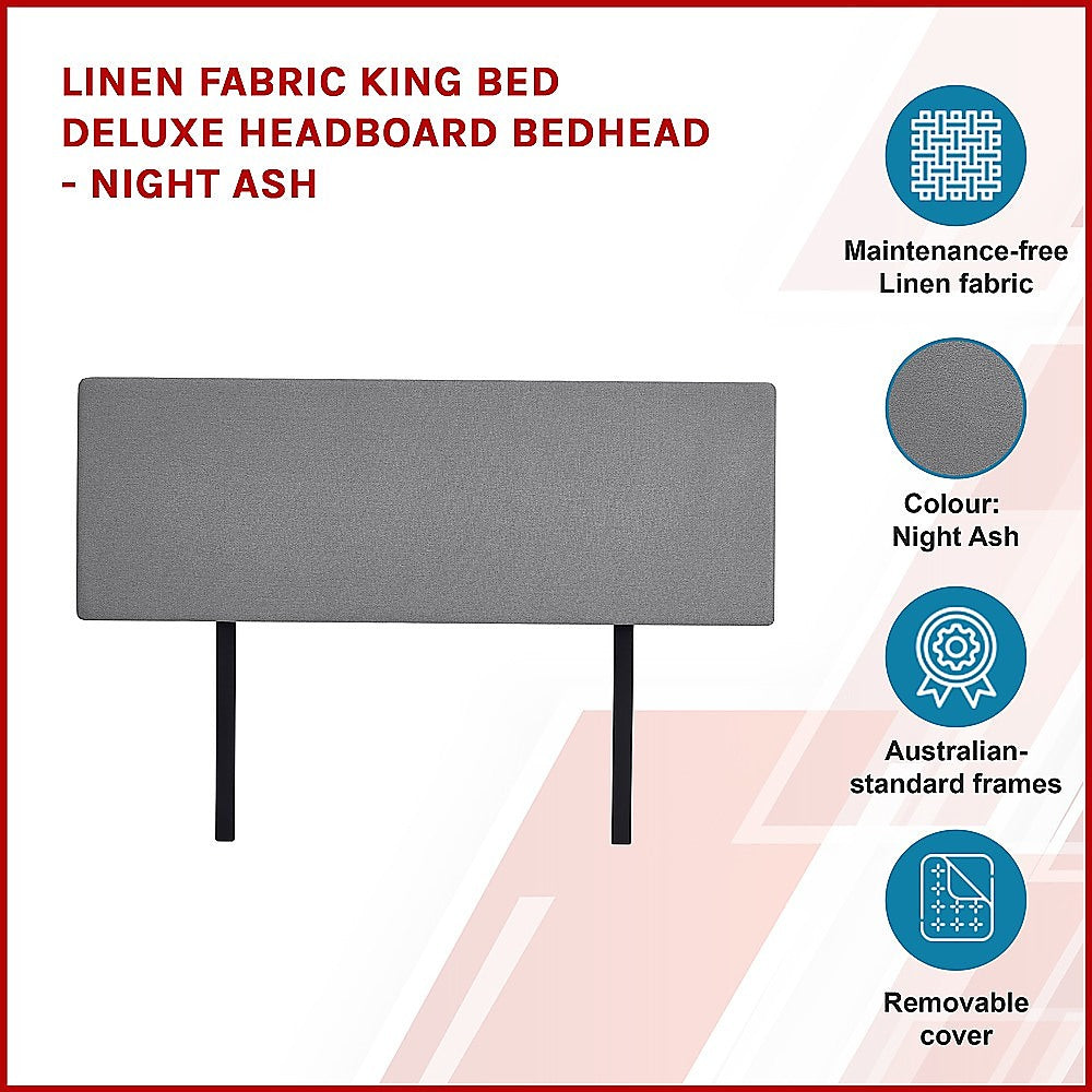 Linen Fabric King Bed Deluxe Headboard Bedhead - Night Ash