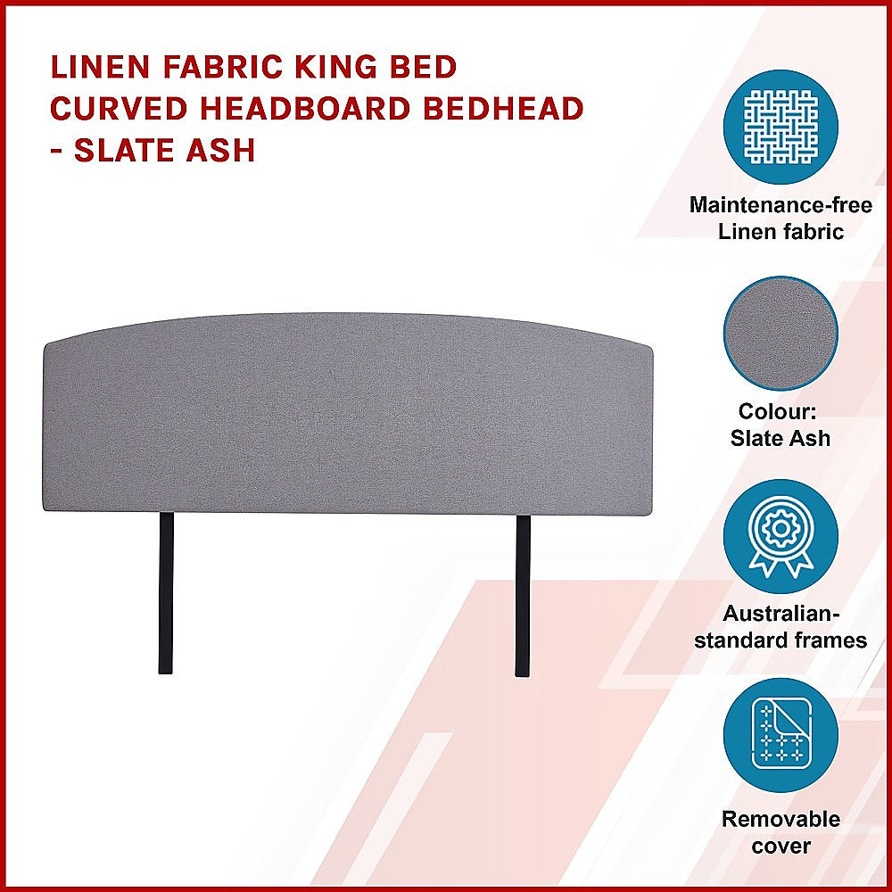 Linen Fabric King Bed Curved Headboard Bedhead - Slate Ash