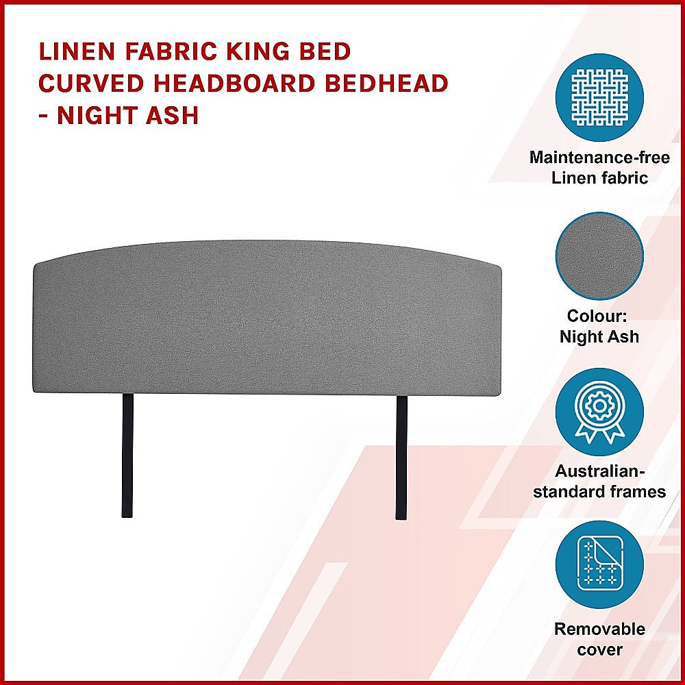 Linen Fabric King Bed Curved Headboard Bedhead - Night Ash