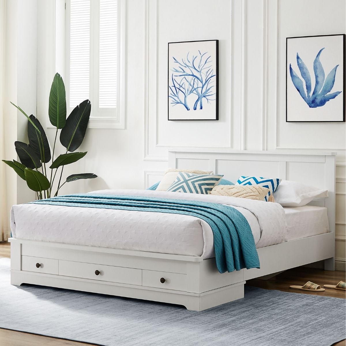 Margaux White Coastal Lifestyle Bedframe with Storage Drawers Double