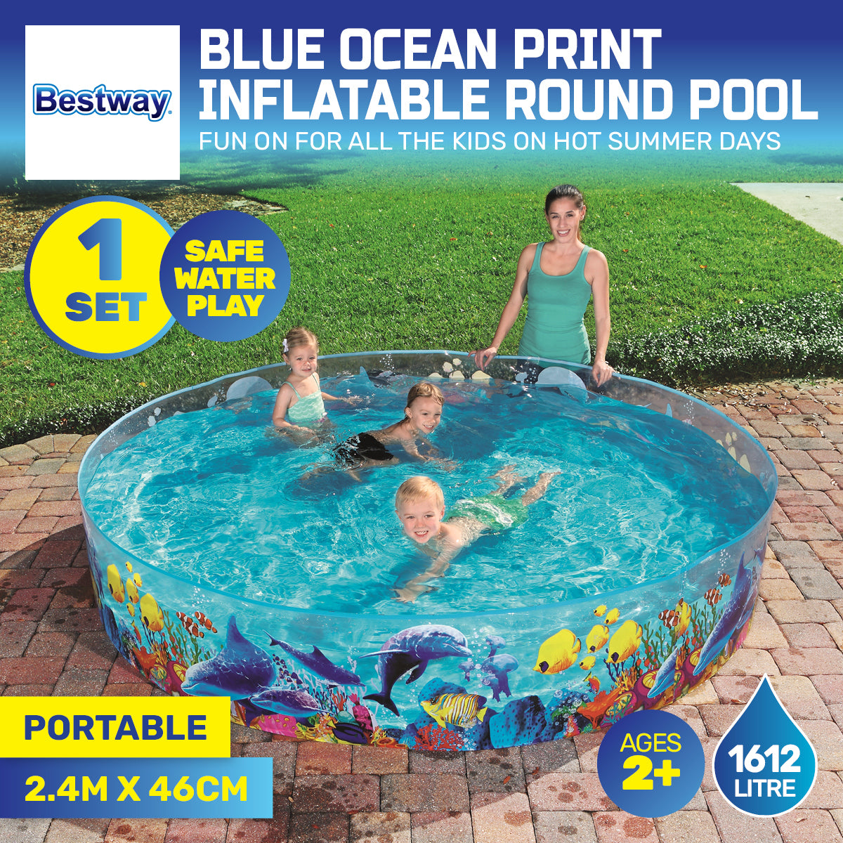 Bestway 2.4m x 46cm Kids Above Ground Pool Ocean Life Design 1612 Litre