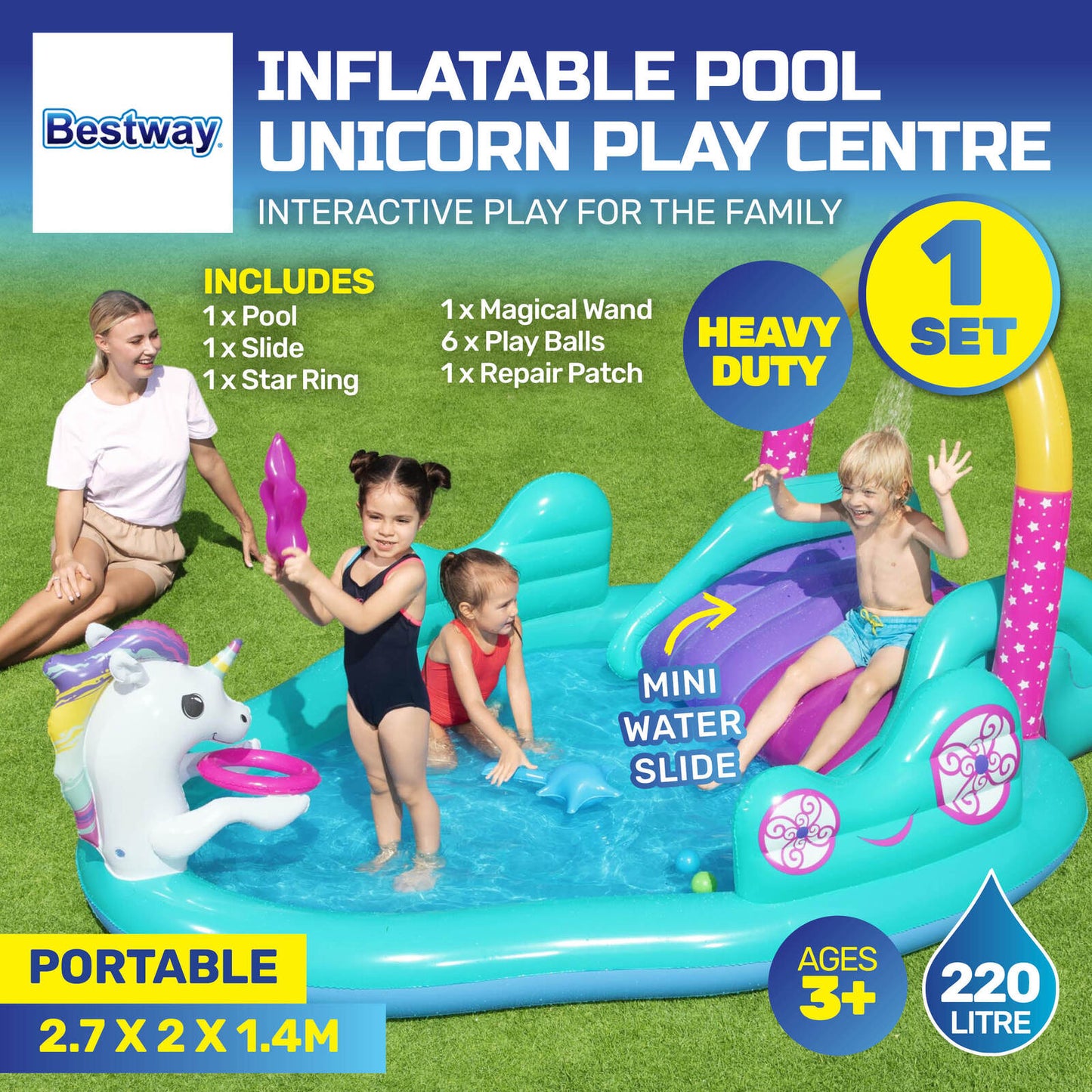 Bestway Inflatable Unicorn Themed Mini Water Fun Park Pool With Slide 220L