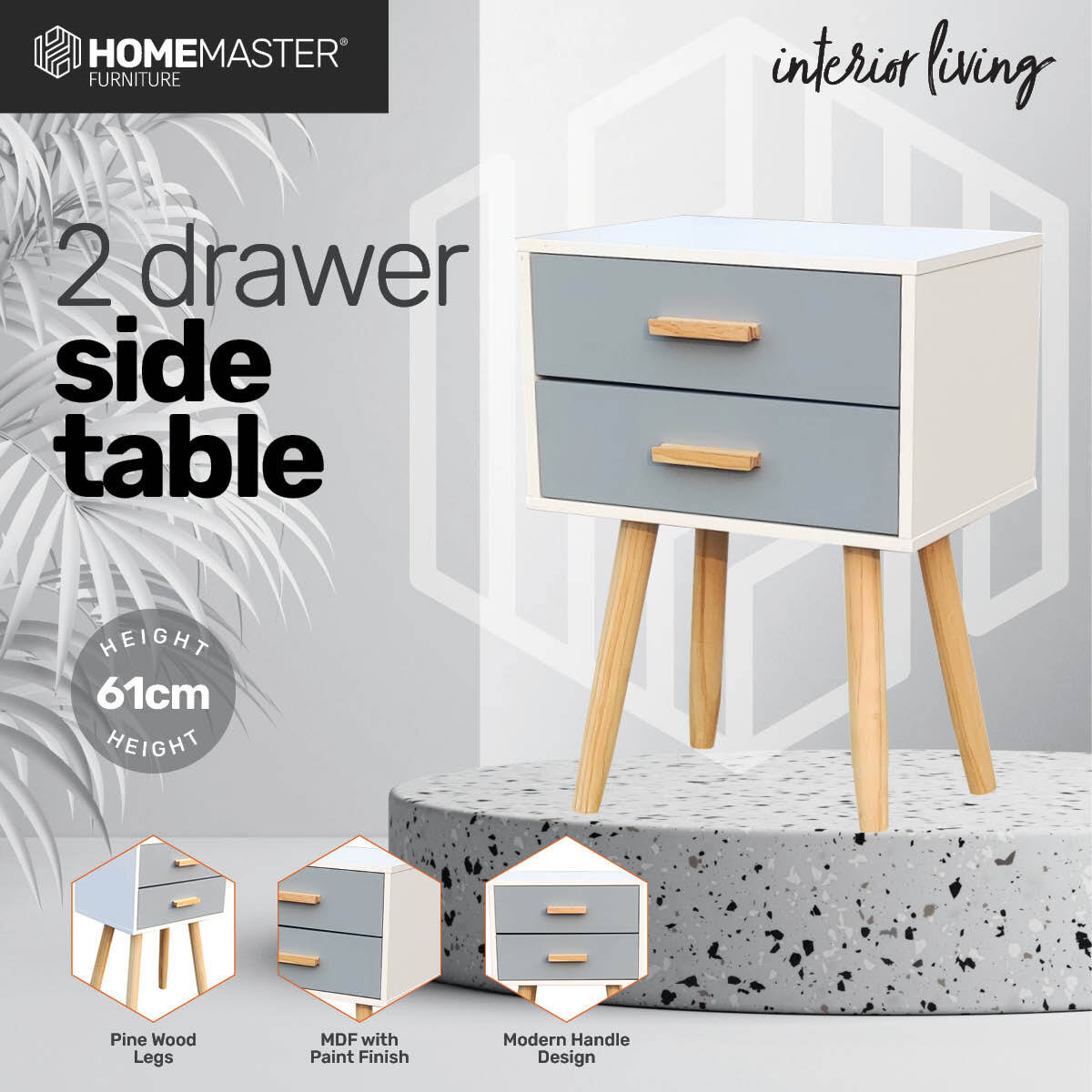 Home Master 2 Drawer Side Table Sleek Modern &amp; Stylish Neutral Design 61cm