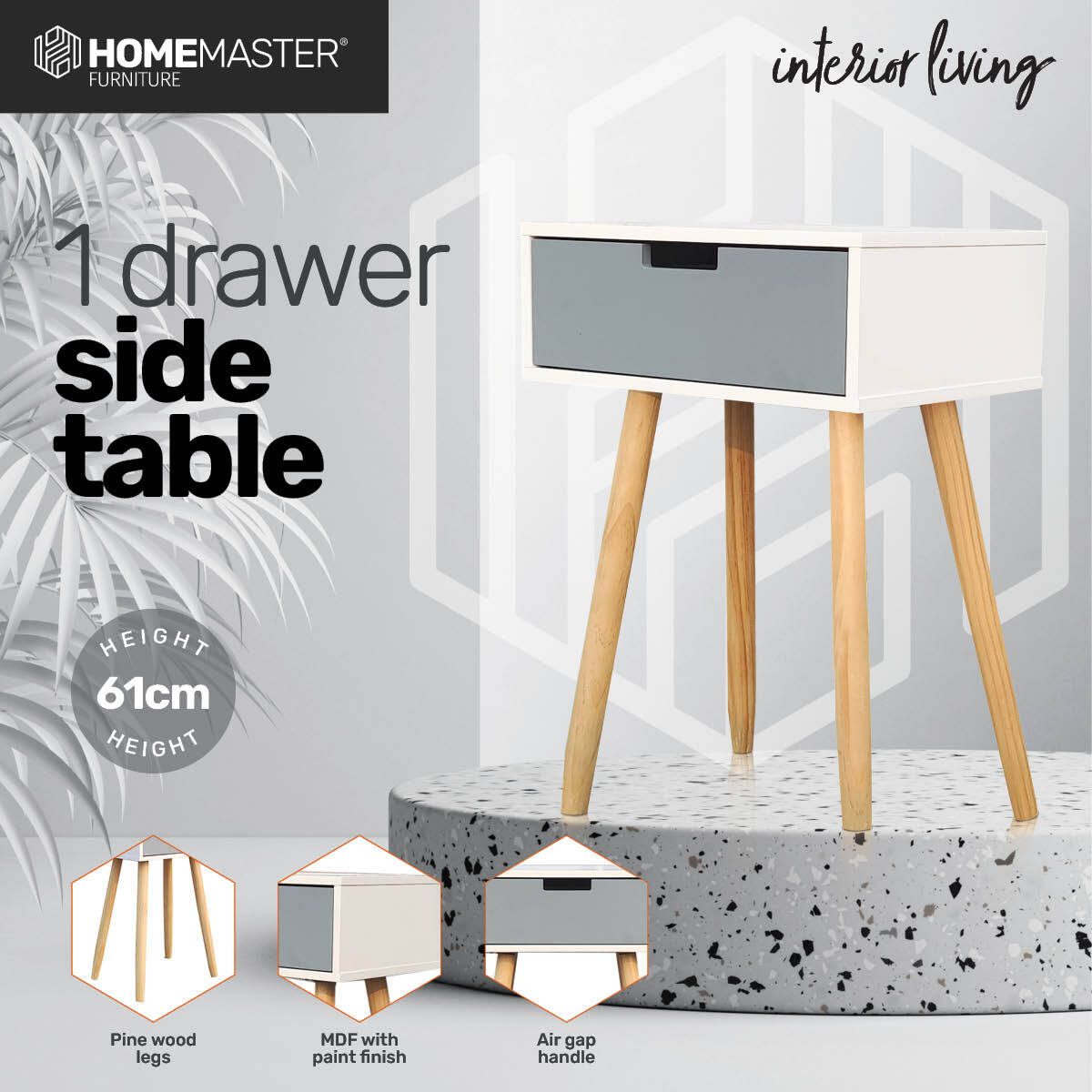 Home Master 1 Drawer Side Table Modern Sleek &amp; Stylish Neutral Design 61cm