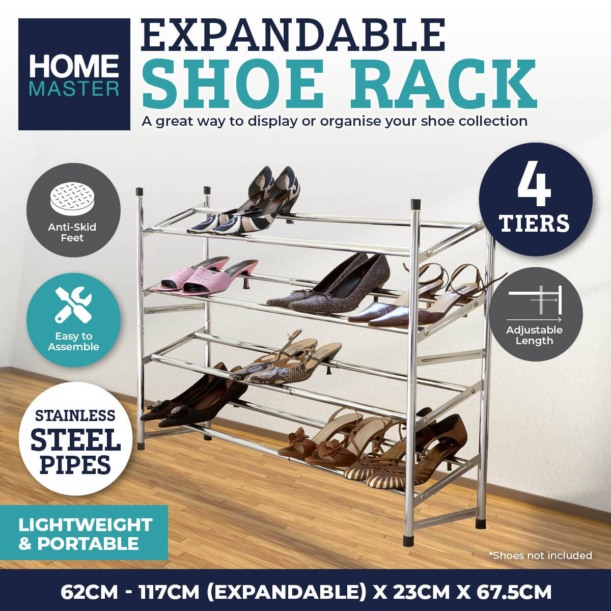 Home Master 4 Tier Shoe Rack Extendable Stainless Steel Structure 62cm-117cm