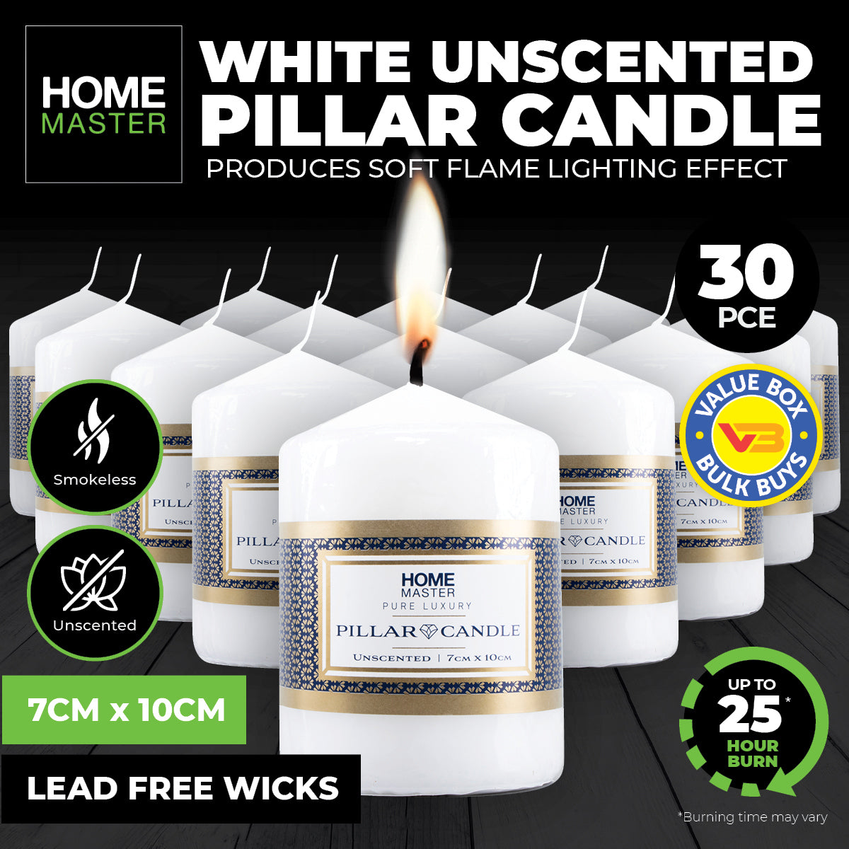 Home Master 30PCE Pillar Candles White Home Décor Party Wedding 10cm