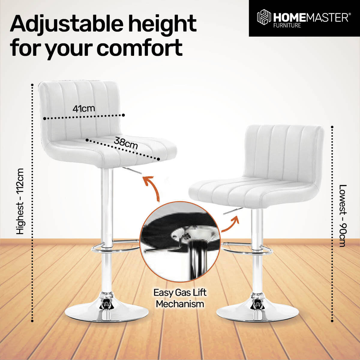 Home Master 2PCE Bar Stool White Swivel Seat Adjusting Height Stylish Modern