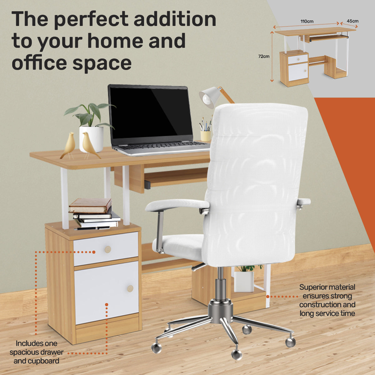 Home Master Computer Desk Workstation Storage Spacious Stylish 110 x 72cm