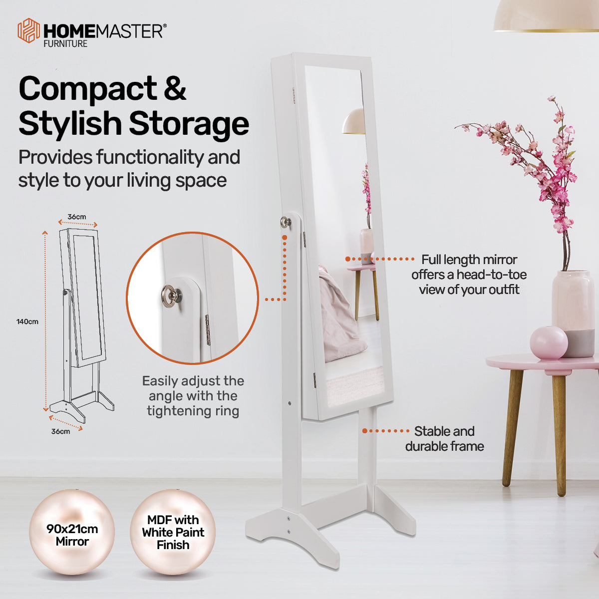 Home Master 140cm Full Length Mirror Jewellery Cabinet Adjustable Angle