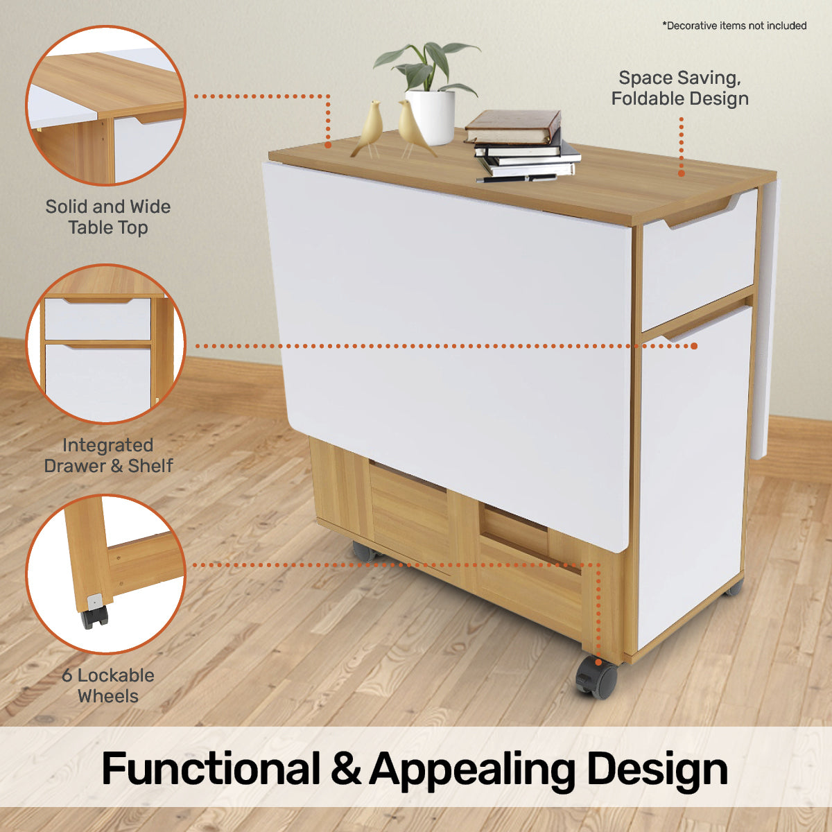 Home Master Folding Dining Table Lockable Wheels Various Fold Modes 135 x 74cm