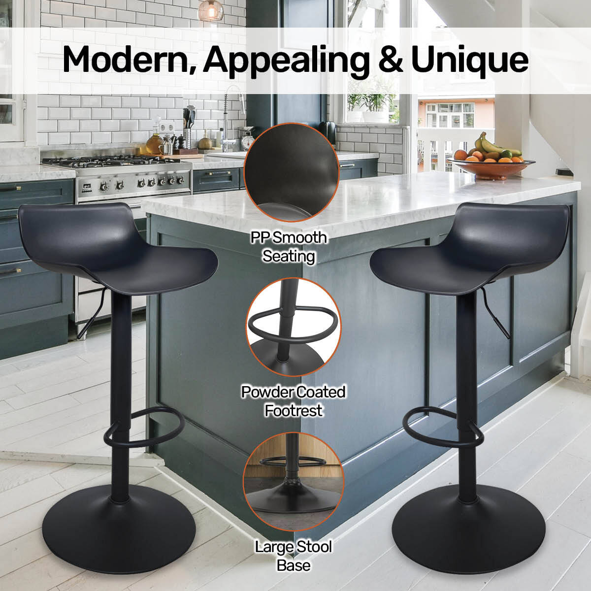 Home Master 2PCE Bar Stool Black Powder Coated Swivel Seat Stylish Modern