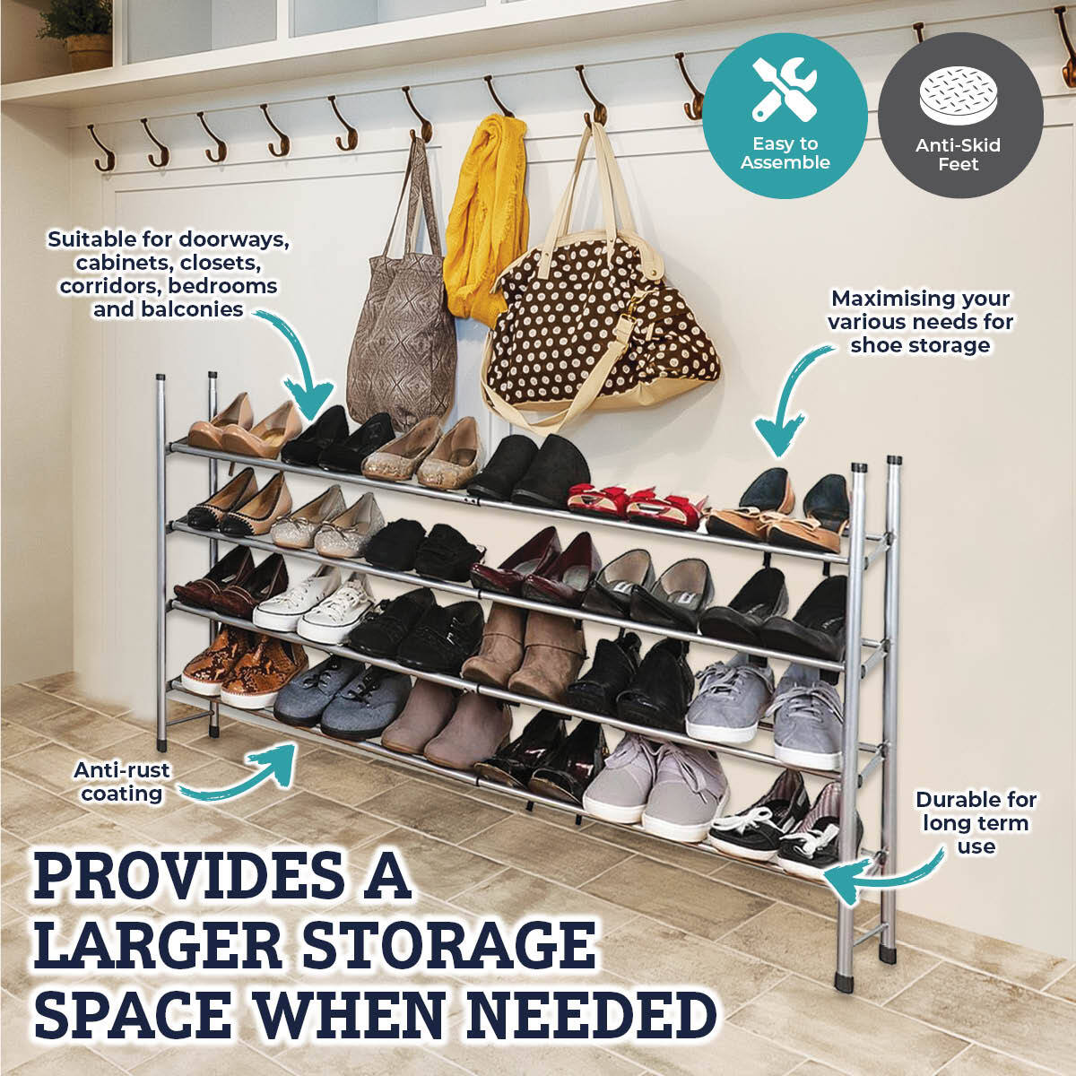 Home Master 4 Tier Shoe Rack Extendable Stainless Steel Structure 62cm-117cm