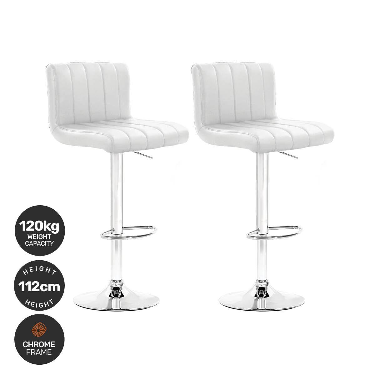 Home Master 2PCE Bar Stool White Swivel Seat Adjusting Height Stylish Modern