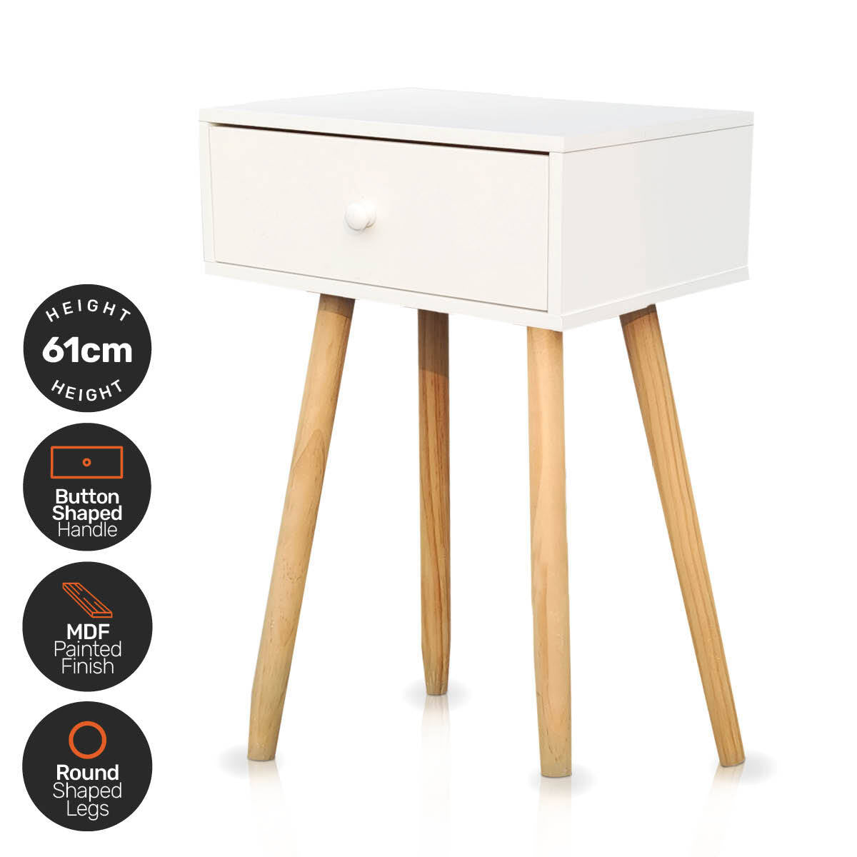 Home Master 1 Drawer Side Table Sleek Modern &amp; Stylish Neutral Design 61cm