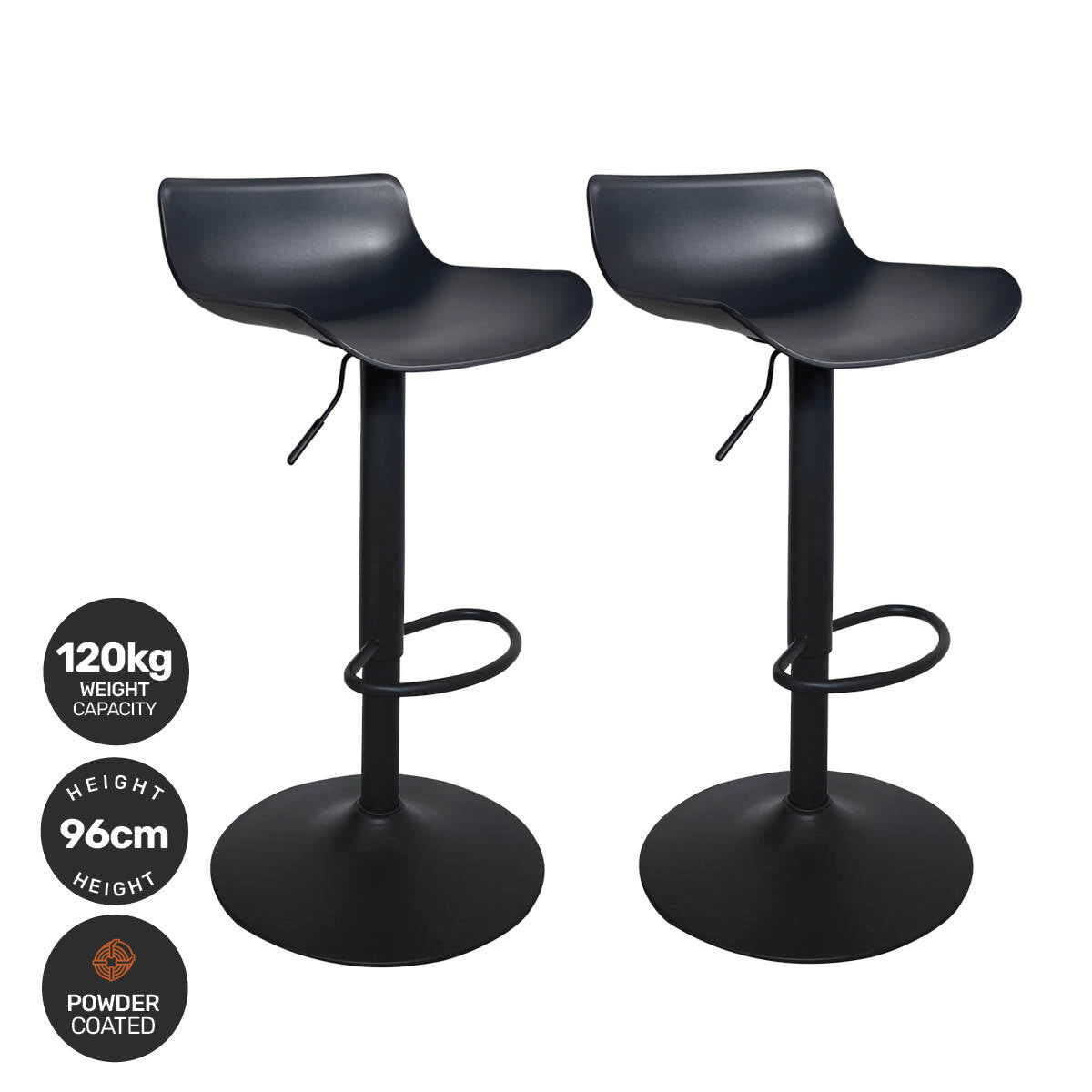 Home Master 2PCE Bar Stool Black Powder Coated Swivel Seat Stylish Modern